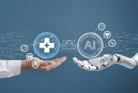 Darstellung von KI im Gesundheitswesen: Eine Hand und eine Roboterhand halten digitale Symbole für Medizin und Technologie.
